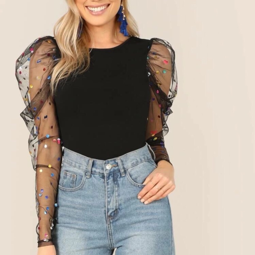 🆕Puffy Sleeve PolkaDot Mesh Spring Top - Picture 2 of 5